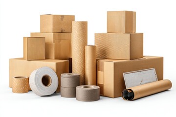 Assorted cardboard boxes, packing materials, and rolls