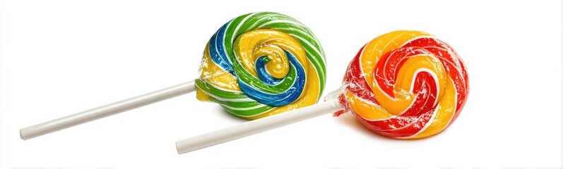 Two colorful swirl lollipops on white background