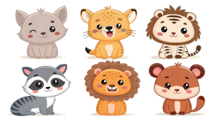 Cartoon-style hand-drawn animals collection with charming expressions, fun and cute design, isolated transparent background.
