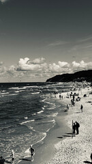 Black and White Beach Scene with People and Waves