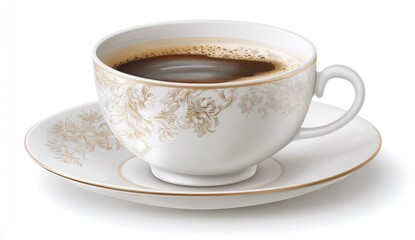 Elegant porcelain cup of dark coffee on a matching saucer.  Ornate gold floral design.  Realistic illustration