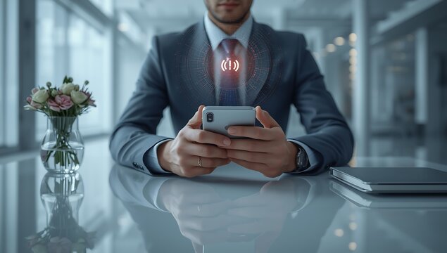 Businessman in a modern office using a smartphone with a glowing binary code hologram, representing digital communication and futuristic technology