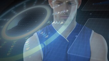 Rotating holographic data rings initiating performance analytics around athlete standing reflective - Powered by Adobe