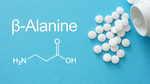 Beta-Alanine is an amino acid which is often taken as a sports supplement. Structural chemical formula of beta-alanine with white pills