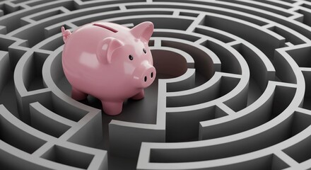 Piggy bank on a maze, symbolizing financial challenges and investment strategies.