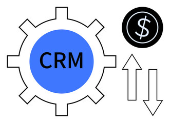 Gear labeled CRM with up-down arrows and dollar symbol signifying customer management, profit growth, and process optimization. Ideal for business, sales, strategy, finance, data, revenue operation