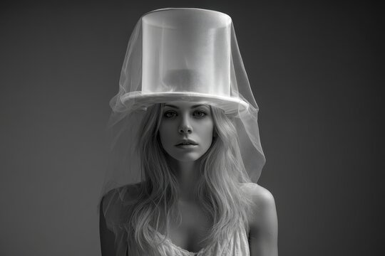 Elegant woman showcasing a unique ghost costume with a cylinder hat and veil for Halloween celebration in a creative photo shoot
