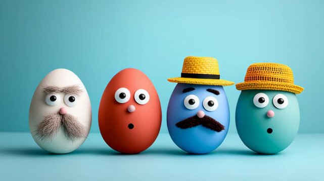 Colorful animated eggs with expressive faces and unique accessories, showcasing a playful sequence of surprise and delight, capturing the whimsical essence of character design in a vibrant setting