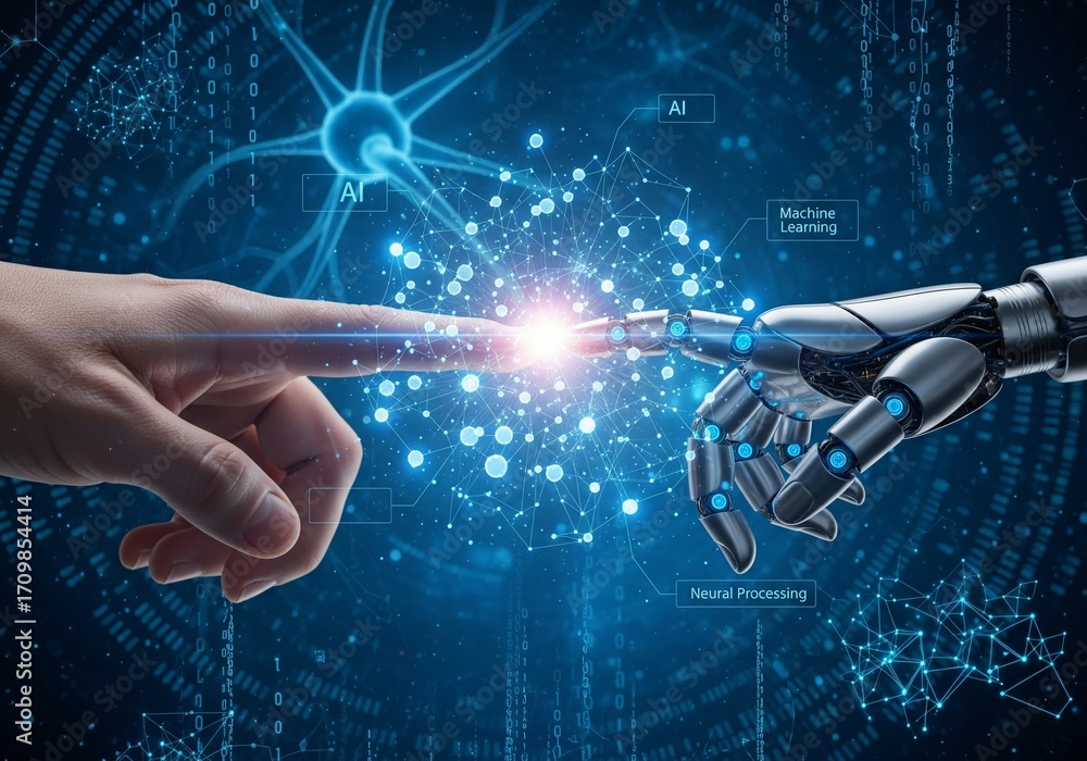 Poster human hand and robotic hand touching fingers with glowing light in a futuristic digital network back