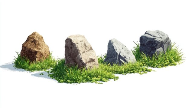 Four stylized rocks in various shades of beige, light gray, and dark gray, resting on a bed of green grass.  Realistic digital rendering
