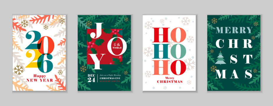 Happy New Year 2026 and Merry Christmas, Joy to the world - beautiful greeting cards. Happy New Year 2026 creative design for greeting poster or cover. Vector illustration