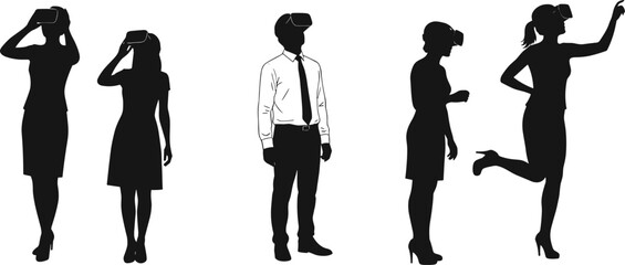 Group of business people using virtual reality headsets, diverse professionals experiencing VR technology, immersive digital interaction, modern office environment.