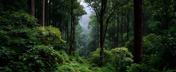 the dense forest with tall trees evokes deep calm and vibrant life surrounding you