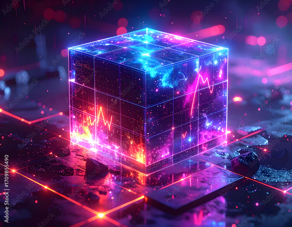 Poster a captivating digital artwork showcasing a luminous data cube, filled with dynamic charts and graphs