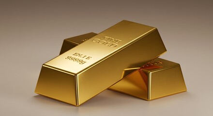 Two gold bars are stacked on a neutral surface the top bar engraved with FINE GOLD and EN1E 9999g