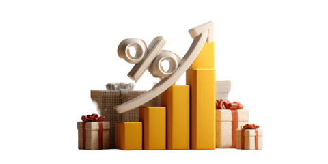 3D graphic  Percent sign, gift boxes, & rising graph