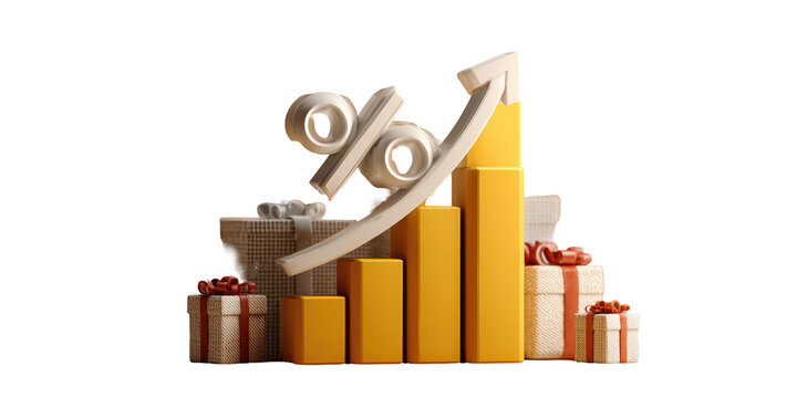 3D graphic  Percent sign, gift boxes, & rising graph