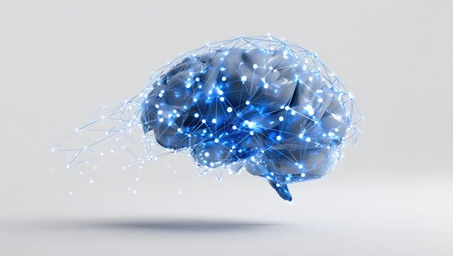 3D model of a brain, highlighted by a network of glowing blue lines and points