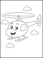 Smiling Cartoon Helicopter Flying Through Clouds. Black and White Line Art for Kids Coloring Pages and Aviation Crafts. Easy Coloring for Toddlers.