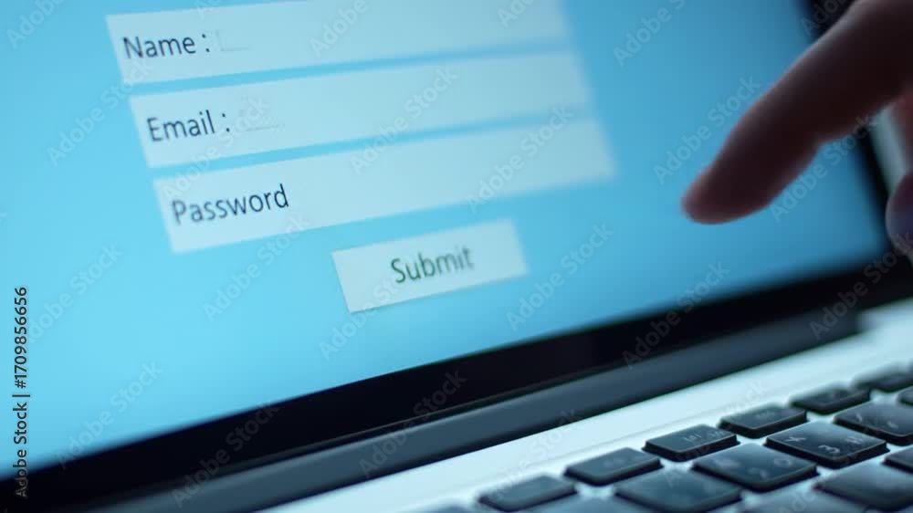 Poster finger tapping submit button on blue registration form displayed on laptop screen