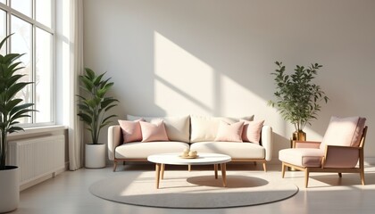 Fototapeta premium Bright Scandinavian living room with minimalist furniture. Cream sofa, blush pink armchair, round coffee table. Large window, natural light, green potted plants. Simple, clean, cozy home interior.