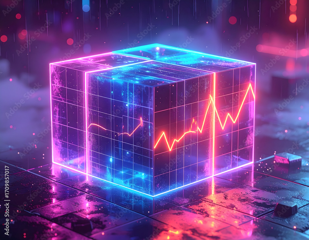 Aufkleber a neon-lit transparent cube with a glowing graph, set against a futuristic background, symbolizing d