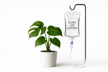 Plant Life Support Concept with Potted Plant and IV Drip