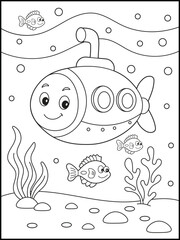 Cartoon Underwater Cute Submarine Coloring Page for Kids.