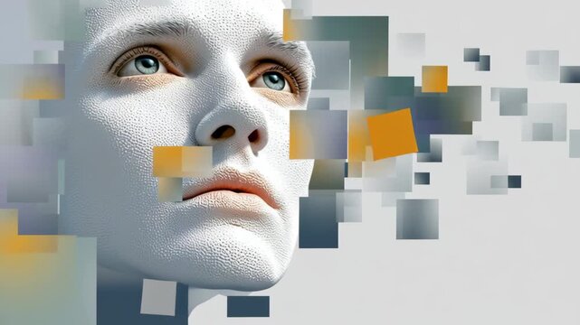 Abstract representation of a human face dissolving into geometric shapes, showcasing a seamless transition of form and texture, illustrating the concept of digital transformation and identity evolutio