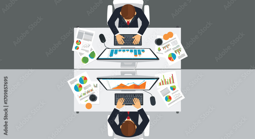 Poster overhead view of person working at desk with digital devices and papers reflecting