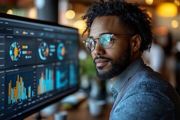 Corporate executive analyzing business growth charts on digital dashboard with kpi metrics showcasing performance tracking and strategic planning