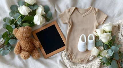 A cozy and elegant flat-lay pregnancy announcement with a teddy bear, baby bodysuit, and white roses, featuring a blank frame and copy space for text