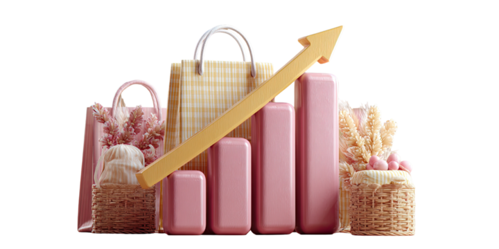 Pink shopping bags and graph, rising trend