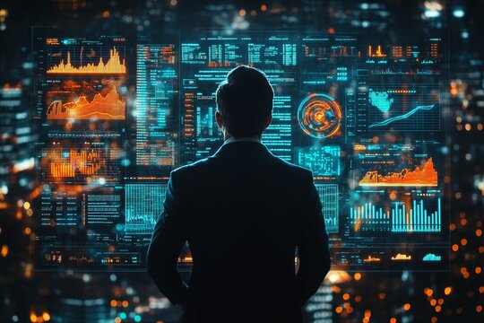 Corporate executive analyzing business growth charts on digital dashboard with kpi metrics showcasing performance tracking and strategic planning