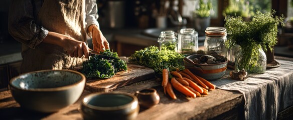 Woman preparing healthy meal chops fresh kale and carrots by sunlit rustic wooden island.