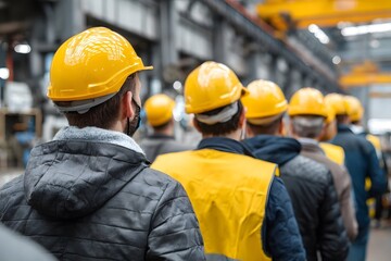 Workers in yellow helmets and vests stand in a line in a factory.
