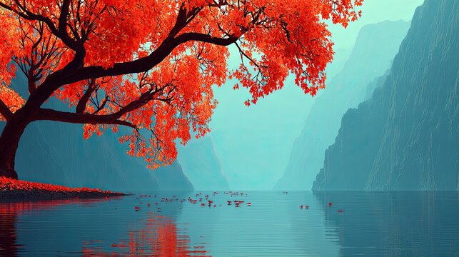Vibrant autumnal tree by serene river