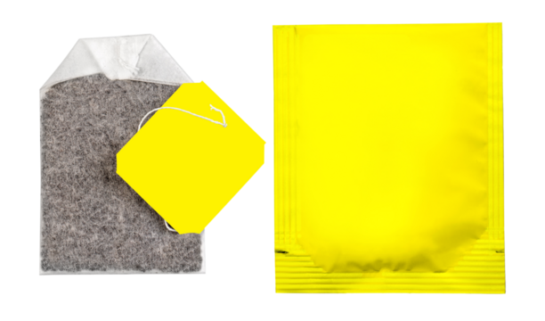 Tea bag and packaging mockup on transparent background