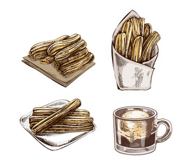 Hand drawn vintage sketch set of churros with sugar, churros in paper pack and coffee cup dessert