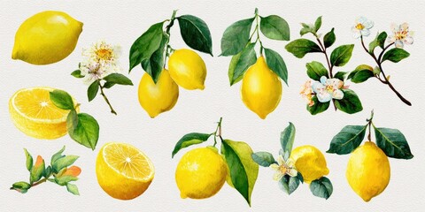 Obraz premium Watercolor Illustration of Lemons and Blossoms