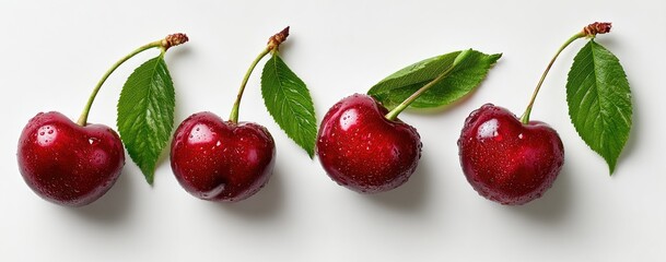 Fresh, ripe cherries with leaves, arranged in a row on a white surface