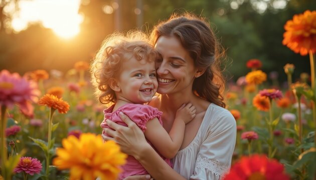 Mother embraces daughter in vibrant flower field during golden hour. Warm sunlight illuminates joyous expressions, capturing tender moment of love, childhood innocence, maternal bond. Scene