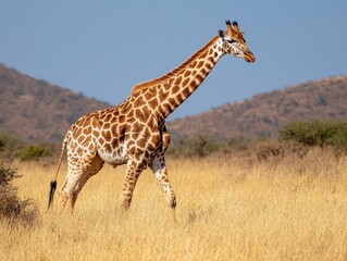 Obraz premium A giraffe walking gracefully through the dry grasslands, blending into nature
