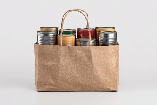Grocery store shopping bag filled with various canned goods and non-perishable items ready for home meal preparation