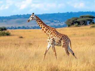 Fototapeta premium A giraffe walking gracefully through the dry grasslands, blending into nature