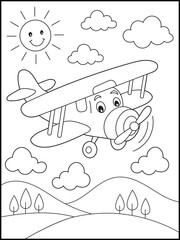 Airplane Coloring Page for Kids and Adults. Cute Cartoon Plane Flying in the Sky.
