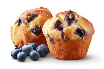Two blueberry muffins, golden-brown, crumbly texture, with fresh blueberries beside