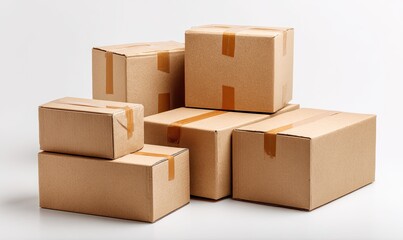 Several cardboard boxes of varying sizes, stacked and arranged.  Beige boxes with light-tan tape are on a white background