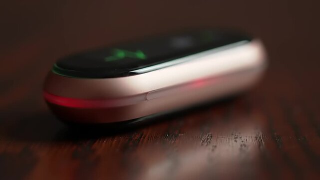 Smart fitness tracker with wooden surface.