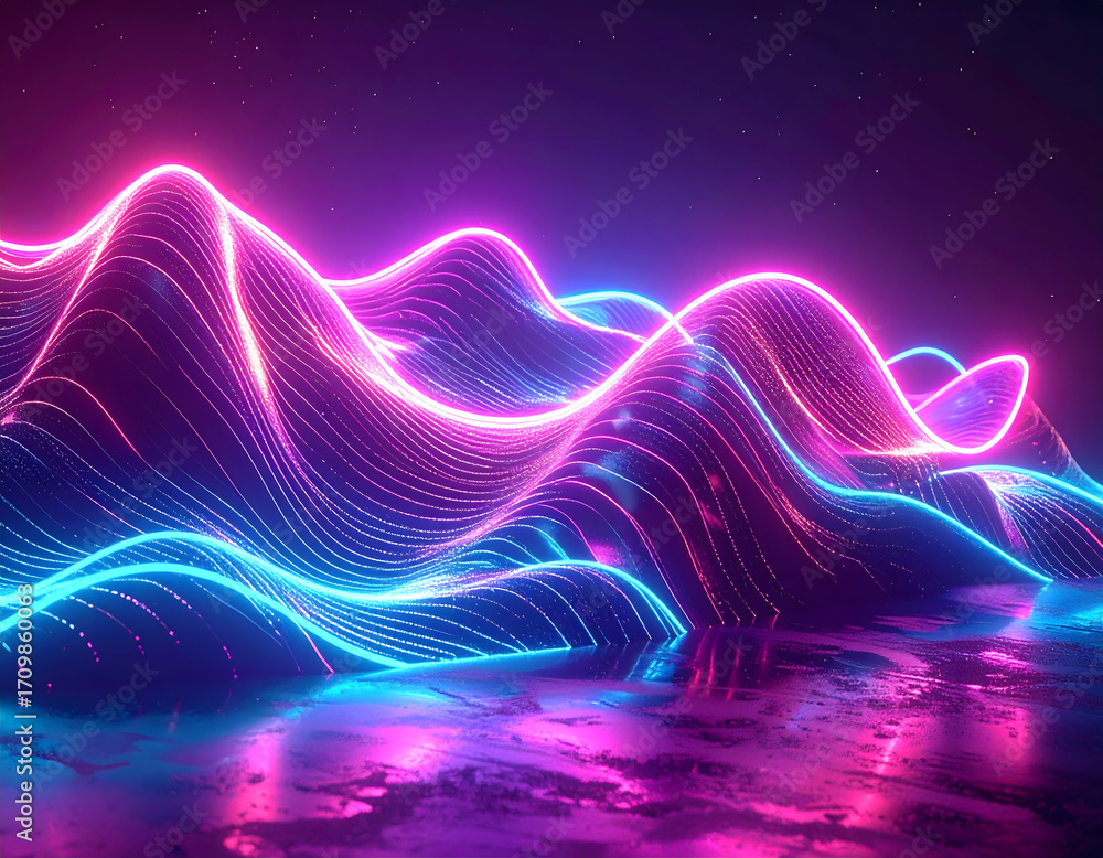 Aufkleber neon light abstract waves in vibrant colors, creating a mesmerizing digital landscape, a fusion of a
